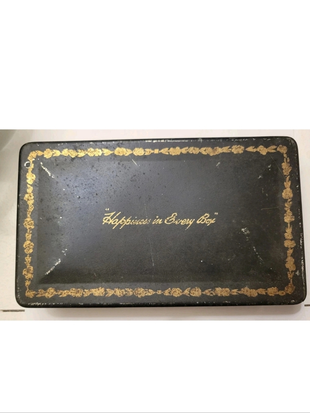 Antique Tindeco Tin Trinket Happiness in Every Box 7.5" x 4.5" Lidded Black Gold